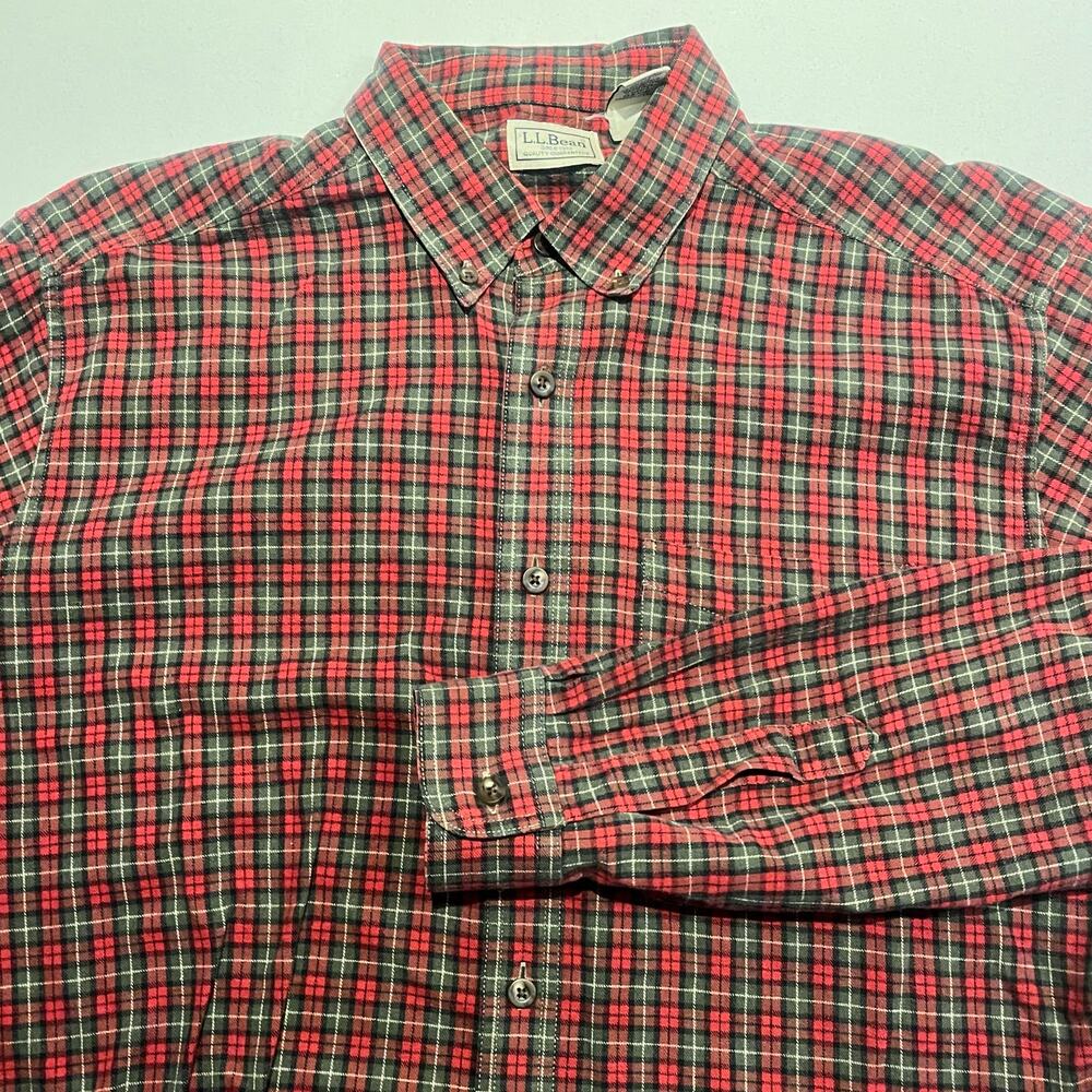 Vintage LL Bean Flannel Shirt Mens Large TALL LT Plaid Casual Green Black Red